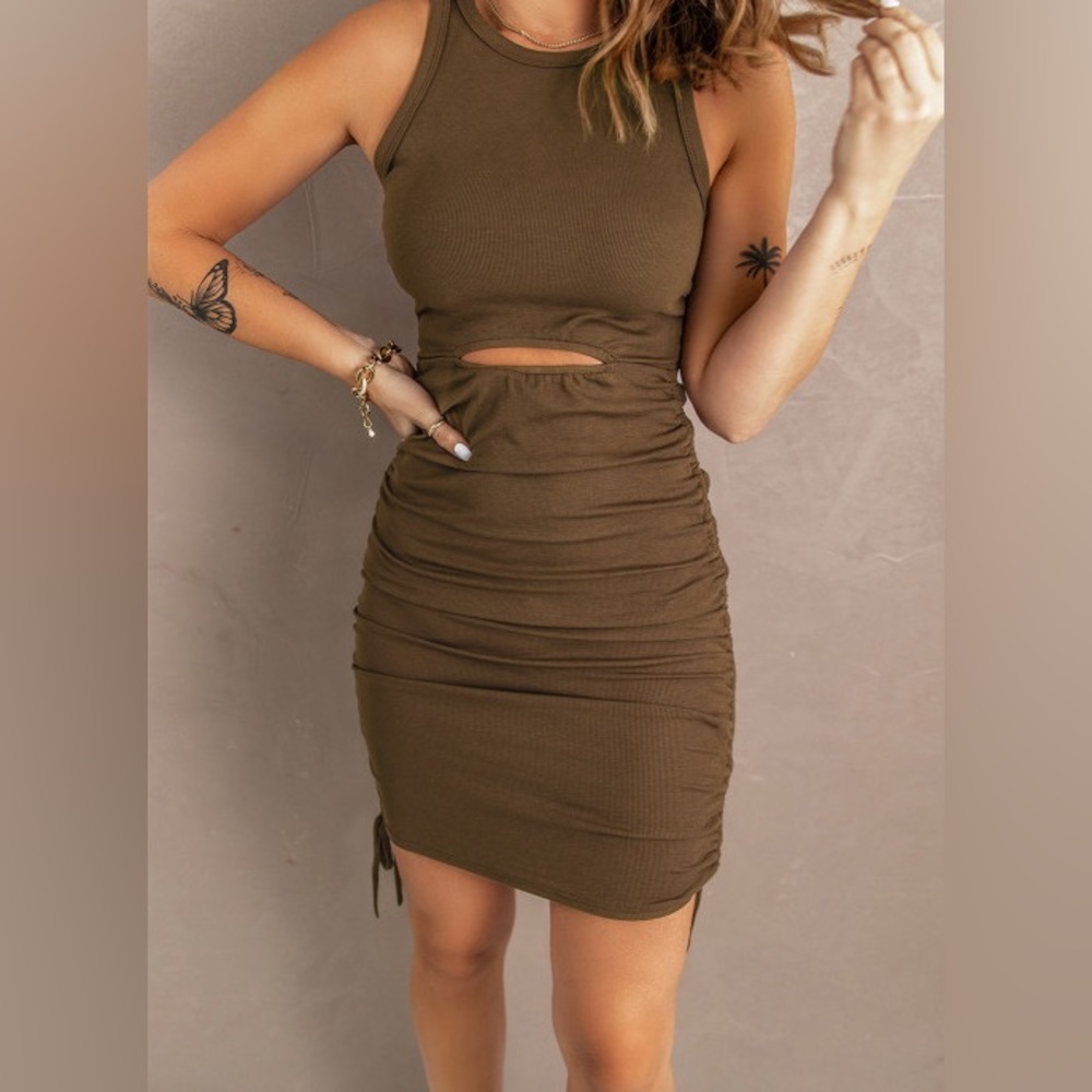 Black Ribbed Drawstring Ruched Mini Dress with Slit - Picture 2 of 3
